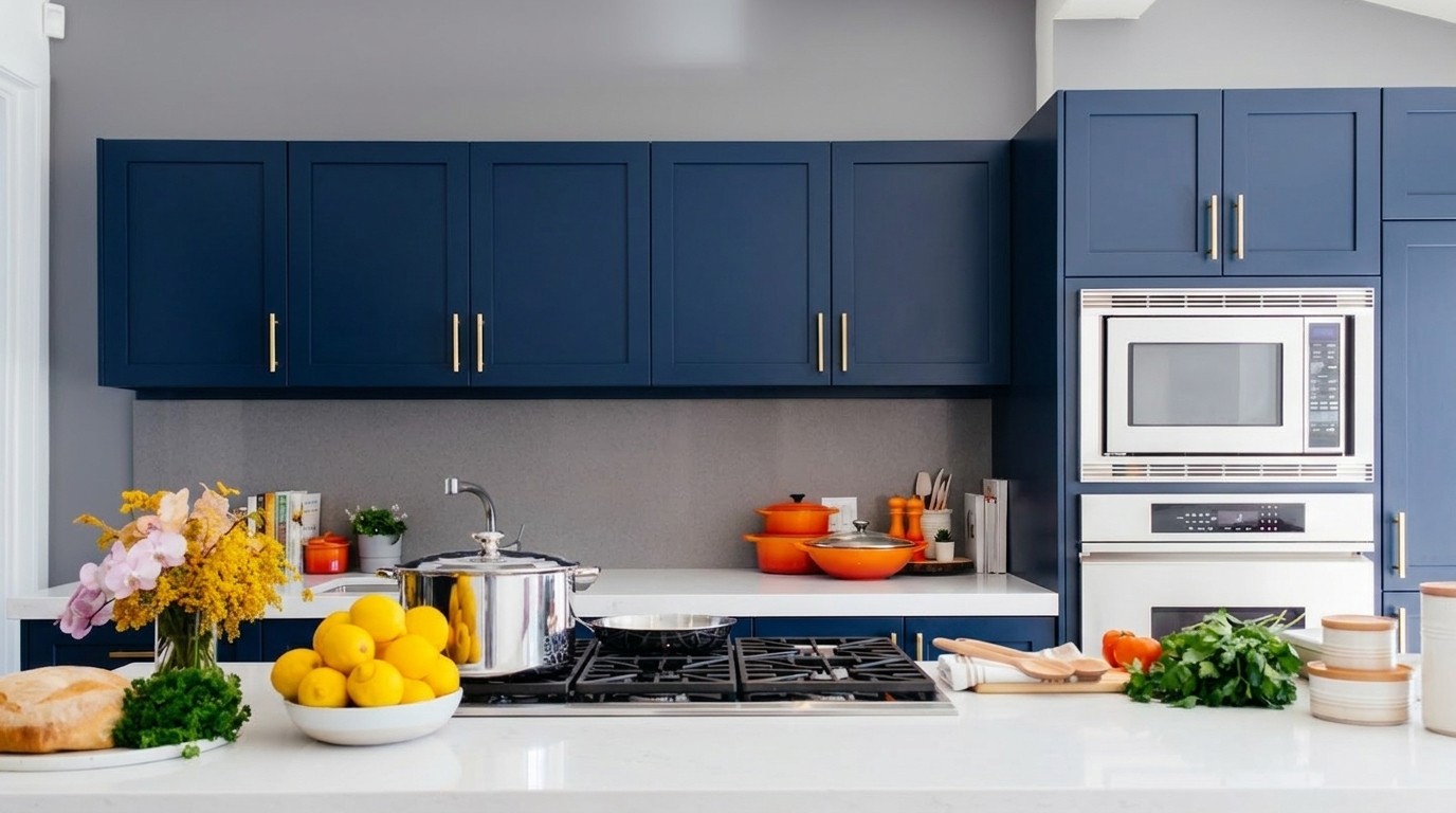 The same kitchen with navy cabinets and brass hardware